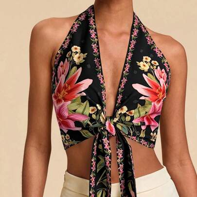 Blusa da donna sexy alla moda con stampa floreale e collo canottiera, per vacanza, completi estivi da donna, estate, look da vacanza donna, top estivi