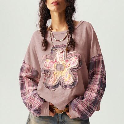 Blusa ampia casual con scollo a giro, maniche lunghe a giro, in maglia patchwork per donne