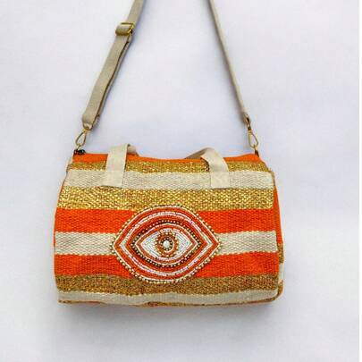 Borsa di stile retro Boston, borsetta da donna bohémien e alla moda con strisce a contrasto, lavorazione in strass personalizzata, design ad occhio, l