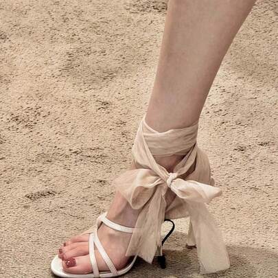Sandali con tacco alto, eleganti, aperti, con cinturino incrociato in rete, stiletto, stiletto sexy, color carne, da donna