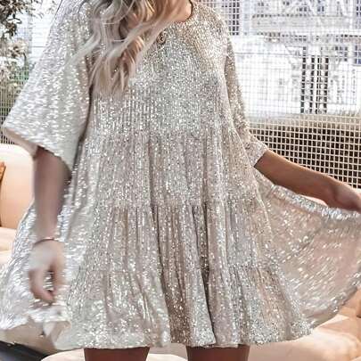 Vestito babydoll con scollo rotondo, manica corta, tinta unita, con paillettes, taglie forti per donne