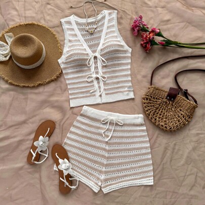 Outfit estivo da vacanza in stile bohémien, con gilet e pantaloncini in tinta contrastante, con coulisse, per spiaggia, vacanza e festival musicali