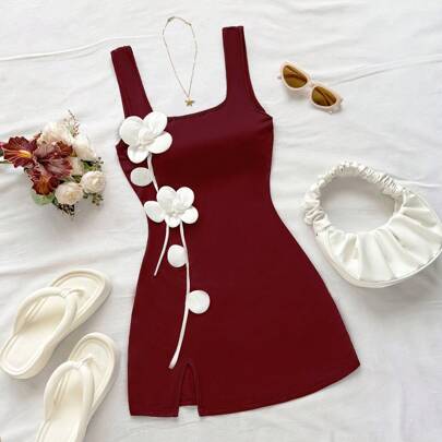 Abito mini aderente con vita segnata, senza maniche, con motivo floreale, adatto per vacanze, feste, strada, festival musicali, crociere, pomeriggio,