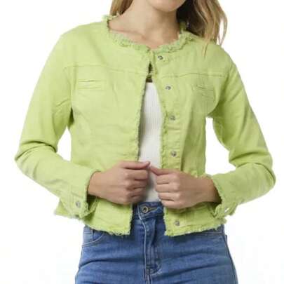 Giacca Denim Donna Senza Colletto in Cotone con Finte Tasche (cod. 6809)