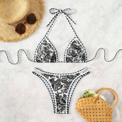 Bikini a fiori con scollo ad altalena sexy per donna, adatto per vacanze al mare in estate