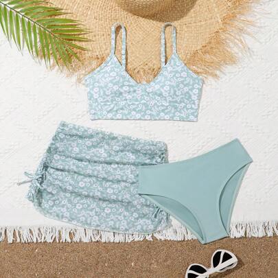 Conjunto bikini estampado floral para niñas tweens, con top y fondo separados