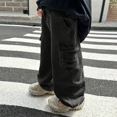 Jeans cargo ampi con tasche cargo, in denim kaki, casual e versatili per abbigliamento autunnale per ragazzi, pantaloni cargo neri, pantaloni cargo pe