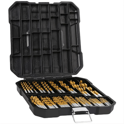 Set di 99 pezzi di Punte per trapano rivestite in titanio GOXAWEE con punta a 135 gradi, kit di punte per trapano HSS con valigetta per acciaio, allum