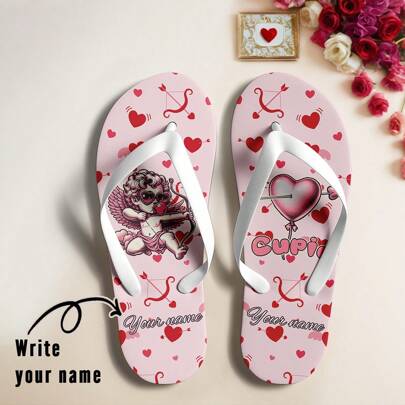 Infradito personalizzati per coppie - Modello personalizzato con nome, Cupido e cuori, regalo romantico di San Valentino, sandali personalizzati per l