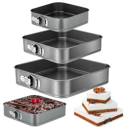 Set di 3 teglie quadrate per torte - Stampi da forno antiaderenti - Teglie in acciaio al carbonio con fondo rimovibile