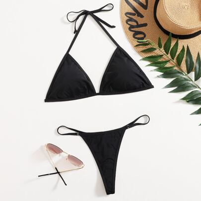 Set bikini mono halter Top bikini a triangolo & G-string 2 pezzi Costume da bagno