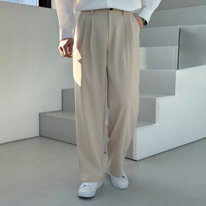 Pantaloni casual da uomo dritti con tasche con pences, di colore unito