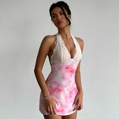 Vestiti da donna, vestiti da donna, vestiti eleganti, sexy, romantici, nuovi stile retrò, stampa floreale rosa, ricamo in pizzo, scollo a V profondo c