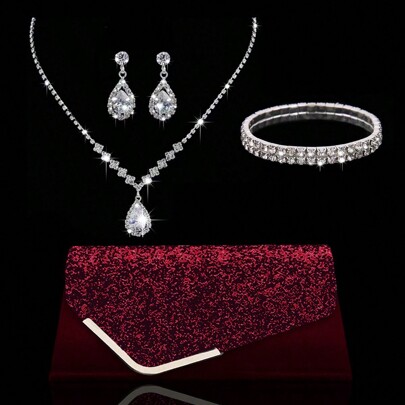 Borsetta da sera elegante da donna, decorativa e scintillante, con tracolla a catena e set di bracciale, collana e orecchini con diamanti, per feste,