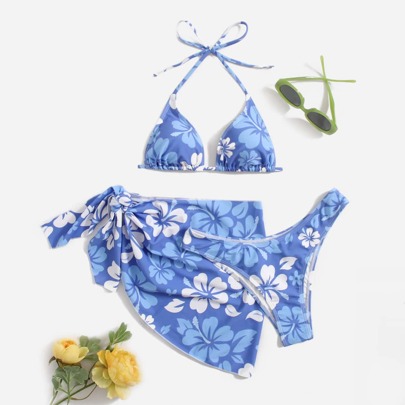 Set bikini floreale Reggiseno halter micro triangolo & Bottom bikini & Gonna copricostume Costume da bagno in 3 pezzi