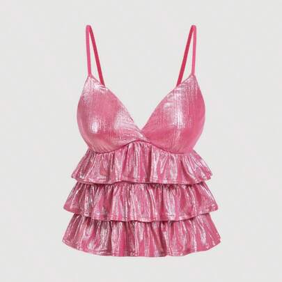 Canotta rosa carina con balze a strati, top invernali, top da festa, top da donna, top per Capodanno, top balza rosa, top top , top rosa da donna
