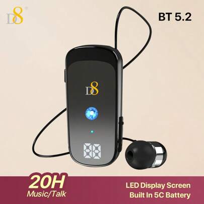 Auricolare senza fili retrattile D8, cuffia con display LED sovraurali, cuffie stereo, auricolare anti-rumore con microfono molletta on, comodo aurico