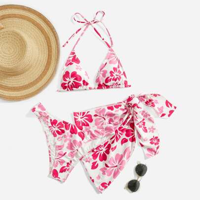 Set bikini floreale Reggiseno halter micro triangolo & Bottom bikini & Gonna copricostume Costume da bagno in 3 pezzi