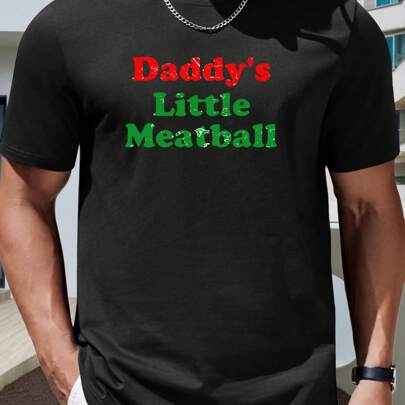 Maglietta nera da uomo con stampa "Daddy's Little Meatballs". T-shirt casual da uomo in puro cotone a maniche corte con scollo rotondo, 220 g/m² (1 pe