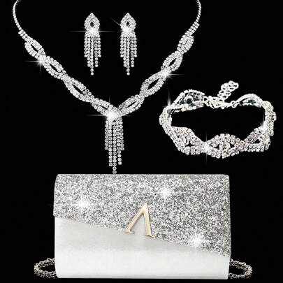 Set di gioielli LETODE con 4 pezzi in strass, includecollo, orecchini, bracciali per donna, borsa clutch da sera scintillante, elegante busta da sera,