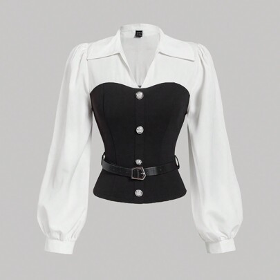 Camicia elegante bianca e nera da donna con cintura, camicia da donna, vestiti da donna per il nuovo anno, donna elegante, casual business per donna,