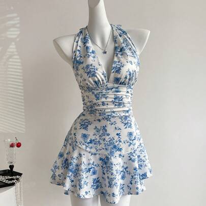 Abito elegante da donna con scollo a V, stampa floreale ditsy, senza maniche, mini-dress, stile vacanza al mare estivo