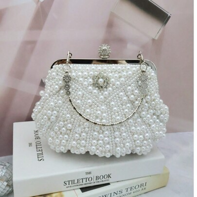 Borsetta bianca da donna con perle, borsetta da sera decorata con perline, pochette da cerimonia con manico, adatta per feste, matrimoni, eventi forma