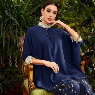Top Kurta Sciolto Con Colletto Alto E Dettagli Di Patchwork A Paillettes