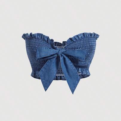 Top Bustier Sexy Ultra-corto, Aderente E Plissettato In Denim Per Donne, Colore Blu