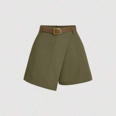 Shorts eleganti verde militare con cinturino frontale e cintura, shorts autunnali e invernali, shorts da uscire, shorts retrò, shorts da festival