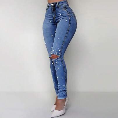 Jeans skinny da donna, leggings in denim con borchie di perle