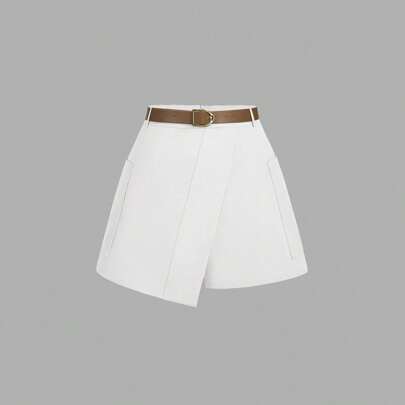 Shorts bianchi eleganti oversize con cinturino frontale e cintura, shorts per autunno e inverno, shorts da uscire, shorts retrò, shorts da festival