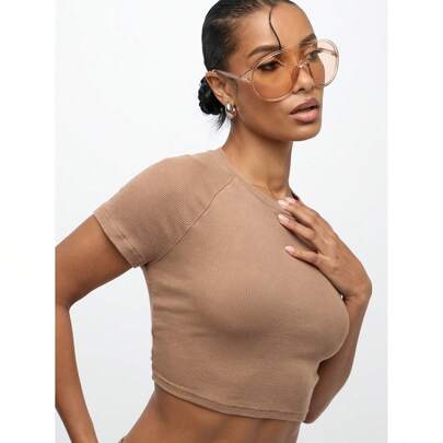 Camicia crop top ribbed manica corta estiva aderente, canotta casual basic per l'autunno