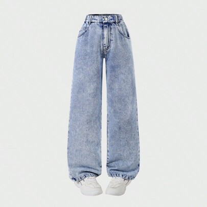 Jeans di jeans blu con gamba dritta, comodi e casual, con motivo fiocco di neve, per ragazze pre-adolescenti, adatti per Natale