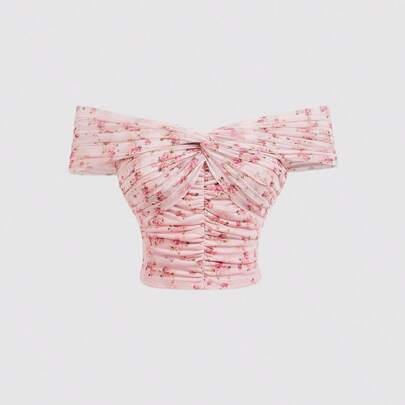 Top da donna con spalla scoperta, volant, fasce incrociate, a fiori rosa