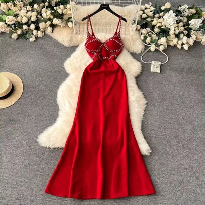 Elegant Red Bead Decor Bodycon Dress,Sleeveless Spaghetti Strap Long Dress for Party, Dinner, Graduation Party Dress