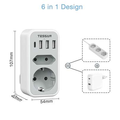 TESSAN Adattatore Presa Inglese, Adattatore UK con 3USB e 1USB C 15W, Presa Inglese con 2 Prese, Adattatore Spina Inglese per Gran Bretagna, Qatar, Ir