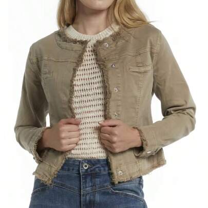 Giacca Denim Donna Senza Colletto in Cotone con Finte Tasche (cod. 6809)