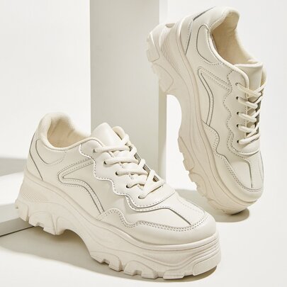 Sneakers grosse con lacci sul davanti minimaliste, scarpe da papà grosse atletiche beige monocromatiche
