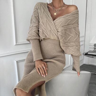 Abito da maglia con maniche a pipistrello, orlo spaccato, maglia lavorata a maglia in due pezzi, set in maglia coordinato, set in due pezzi in maglia,