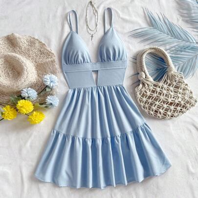Abito da vacanza estivo casual a V senza schienale, mini slip dress