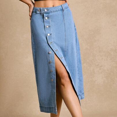 Abito A Vita Alta Casual In Denim Midi Da Donna A Vestibilità Ampia, Colore Blu Denim Chiaro, Gonna In Denim Estiva, Gonna In Denim Casual Con Chiusur
