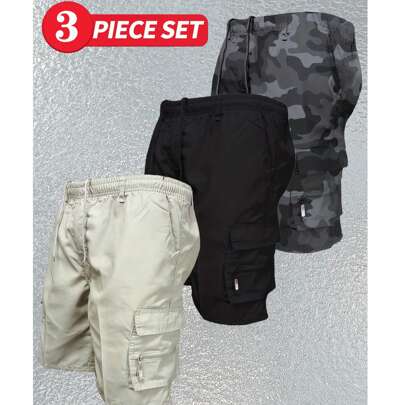 3 pezzi Short cargo in tinta unita casual da uomo, completo di shorts estivi da uomo, shorts cargo da uomo, shorts multitasca da uomo. Questi pantalon