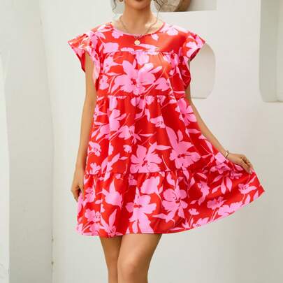 Abito babydoll estivo da donna con stampa, scollo tondo, ampio, con volant, abito da vacanza e spiaggia