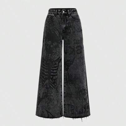 Jeans ampi con stampa scheletro, jeans boyfriend per studenti