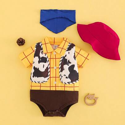 Completino 3 pezzi per bambino con body a manica corta a quadri da cowboy stampato, sciarpa blu e cappello rosso