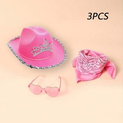 Set di 3 pezzi: Cappello da cowboy rosa con piume, paillettes e montatura quadrata