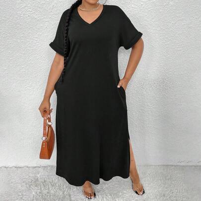 Abito lungo taglia comoda di colore unito con tasche in diagonale e spacchi laterali, abito lungo casual da donna, abito lungo casual, abito lungo ner