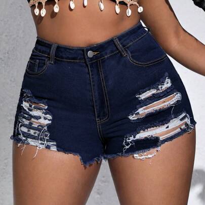 Shorts in jeans casual semplici con tasche e bottoni frontali, stile used, di taglia grande