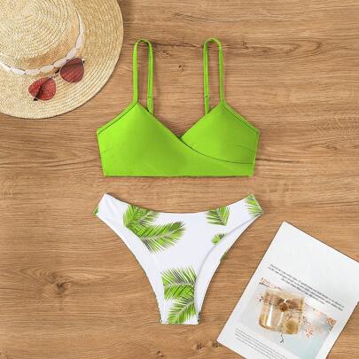 Bikini estivo da donna con stampa tropicale di piante, design sexy (stampa casuale)